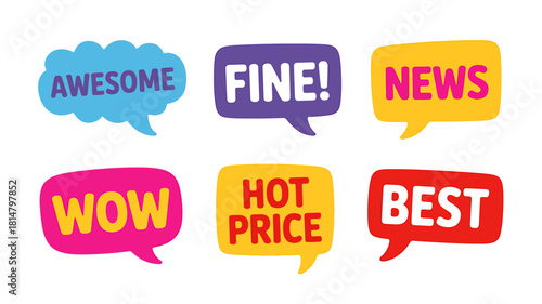 Colorful speech bubbles with various expressions and marketing