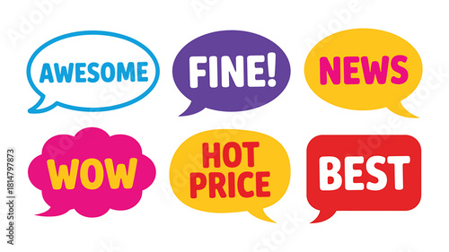 Collection of diverse colorful speech bubbles with popular text.