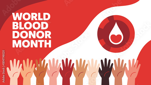 World blood donor month, diverse hands promoting global health.