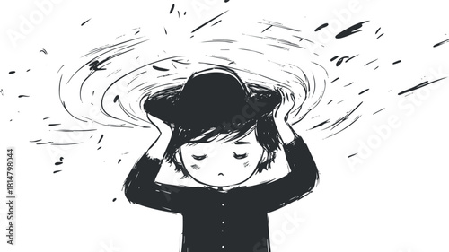Whimsical black and white vector illustration of a child wearing a hat, surrounded by swirling lines, expressing imagination and movement.