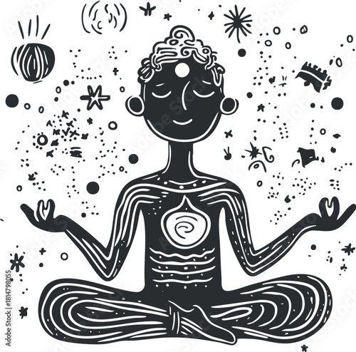 Black and white vector illustration of a meditative figure surrounded by cosmic elements, perfect for wellness and spirituality themes