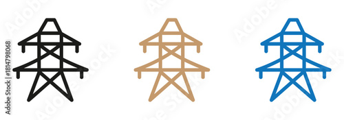Modern power line icons in black, brown, and blue for energy infrastructure projects, symbolising connectivity and power transmission for sustainable future