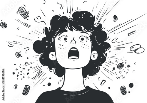 Expressive black and white vector illustration of a surprised girl with an emotional response, ideal for mental health concepts and creative design.