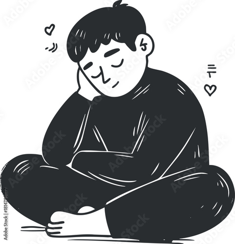 Minimalist black and white vector illustration of a thoughtful man sitting in a relaxed pose, ideal for wellness and self-care themes