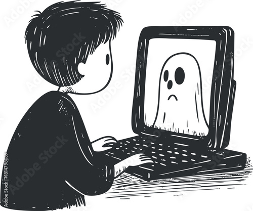 Playful black and white vector illustration of a boy interacting with a ghost on a computer screen, suitable for Halloween-themed designs.