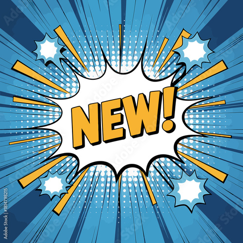 New! comic pop art speech bubble with radial blue background