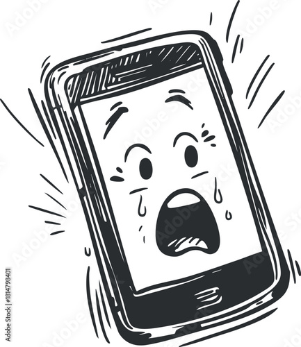 Cartoonish vector illustration of a shocked smartphone displaying a surprised face, ideal for technology-themed designs and humorous contexts