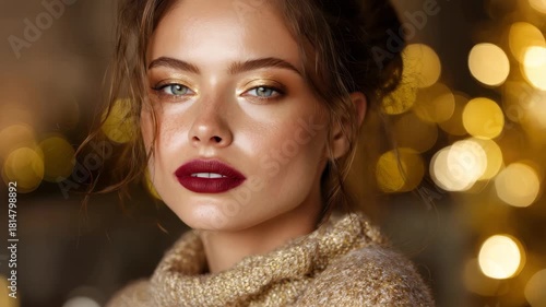 Gold-themed beauty fashion model with warm glow showcases festive style and elegance during the holiday season with soft bokeh lights in the background