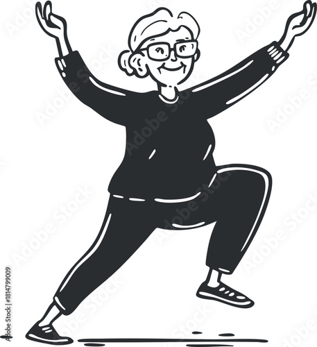 Cheerful vector illustration of an elderly woman exercising joyfully, perfect for health and wellness themes in design projects