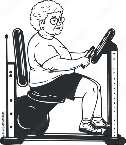 Vector illustration of an elderly woman exercising on a stationary bike, ideal for fitness and wellness themes.