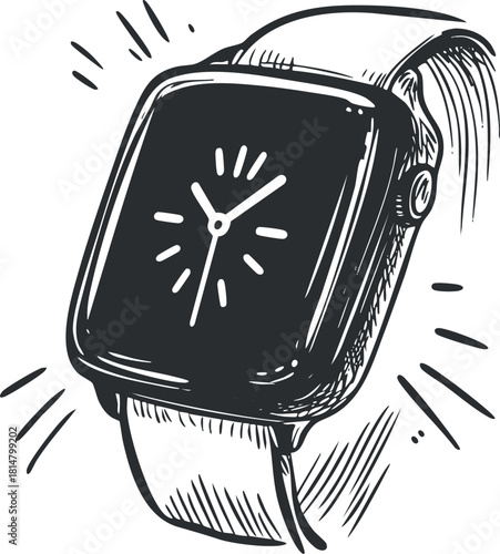 Hand-drawn vector illustration of a smartwatch featuring a digital display and stylish strap for technology-themed designs