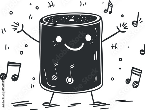 Playful vector illustration of a happy speaker character with musical notes, perfect for music and entertainment themes