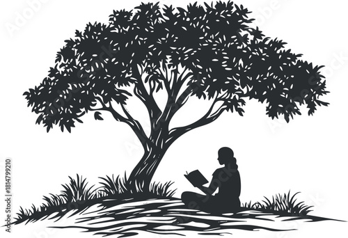 Silhouette vector illustration of a person reading under a large tree, ideal for nature-themed designs and wellness projects