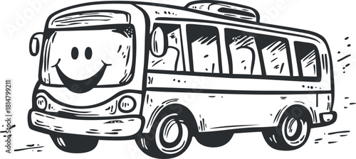 Playful cartoon-style vector illustration of a happy bus with a smiling face, perfect for children's transport themes and fun design projects