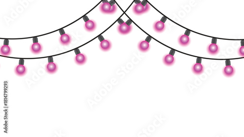 Festive pink string lights decoration isolated on white background for celebrations