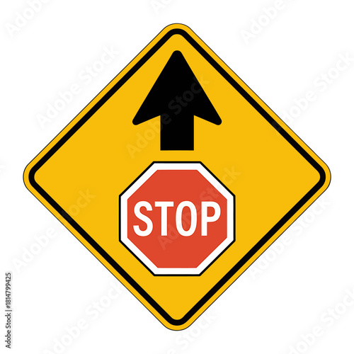 Stop ahead warning sign with arrow indicating forward direction