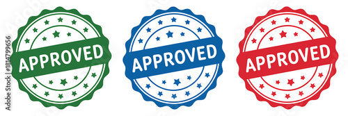 Approved grunge style rubber stamps set, green, blue, red seal