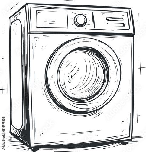 Hand-drawn vector illustration of a washing machine in a sketch style for home and appliance design projects