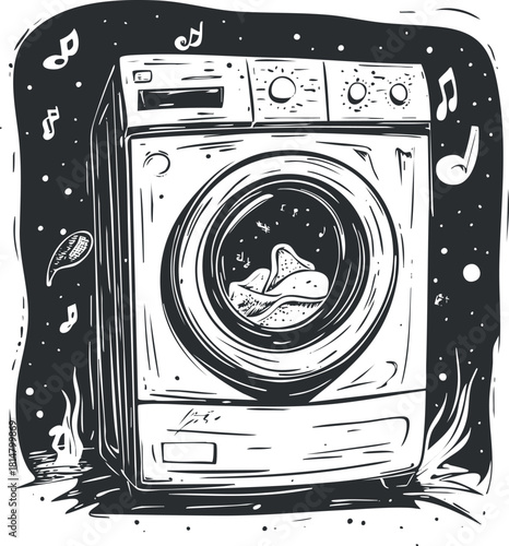 Stylized black and white vector illustration of a washing machine with musical notes, ideal for home care and laundry services.