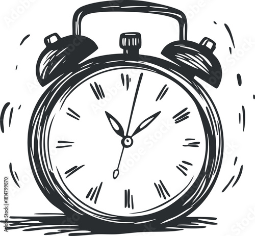Hand-drawn vintage alarm clock illustration in a sketch style, perfect for time management and design projects