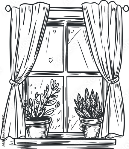 Hand-drawn black and white vector illustration of a cozy window with curtains and potted plants for home decor projects