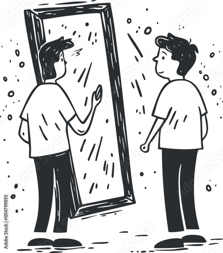 Minimalist black and white vector illustration depicting a person reflecting on their self-image in a mirror, symbolizing self-discovery and introspection