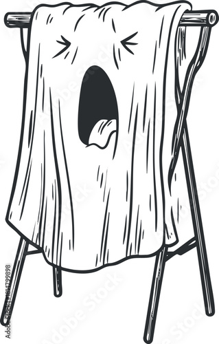 Playful vector illustration of a surprised clothing item draped over a drying rack, perfect for home decor and laundry themes