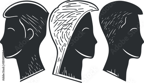 Minimalist black and white vector illustration of three human profile silhouettes showcasing diverse hairstyles and facial features