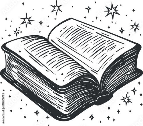 Hand-drawn black and white vector illustration of an open book surrounded by stars, ideal for literary and educational designs