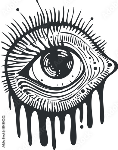 Abstract black and white vector illustration of an eye with dripping elements, suitable for artistic and creative design projects