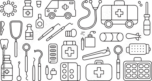 Many monochrome outline symbols for medical treatment are randomly scattered over the white background