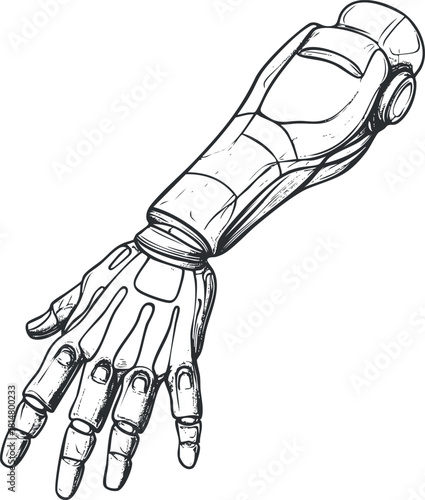 Detailed line art illustration of a robotic prosthetic hand, showcasing innovative technology and design for medical applications