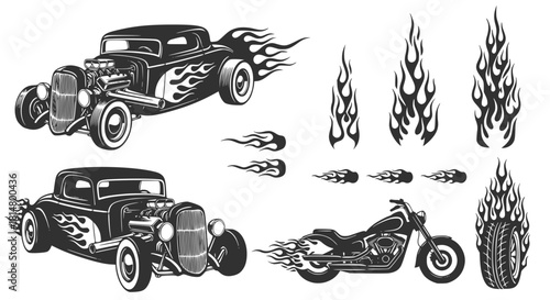 Silhouettes. Vintage hot rods and flames. Vector illustration, transparent background SVG version.
