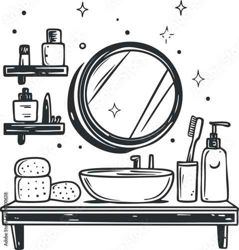 Minimalist black and white vector illustration of a bathroom vanity with mirror and toiletries for home design projects
