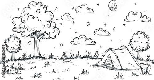Hand-drawn vector illustration of a scenic camping landscape featuring a tent, trees, and clouds for outdoor adventure themes