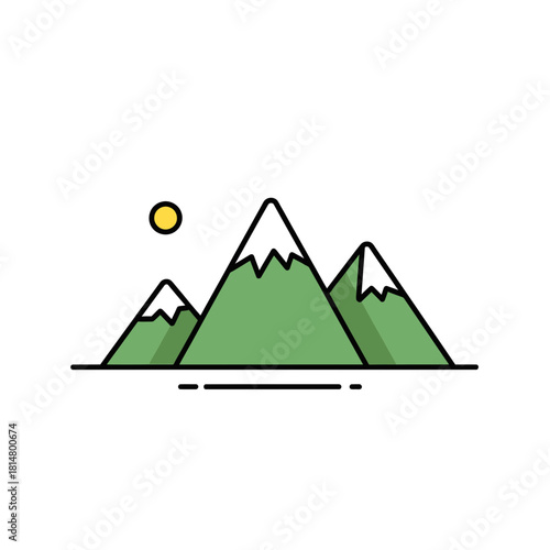 Simple green mountain range with snow cap and sun icon in minimalist flat design style