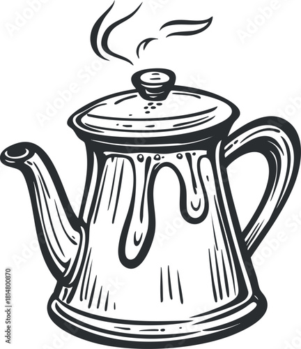 Hand-drawn vintage vector illustration of a teapot with steam, ideal for kitchen and beverage design projects