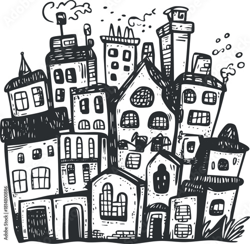 Whimsical hand-drawn vector illustration of a quirky town with various buildings and architectural elements for creative projects