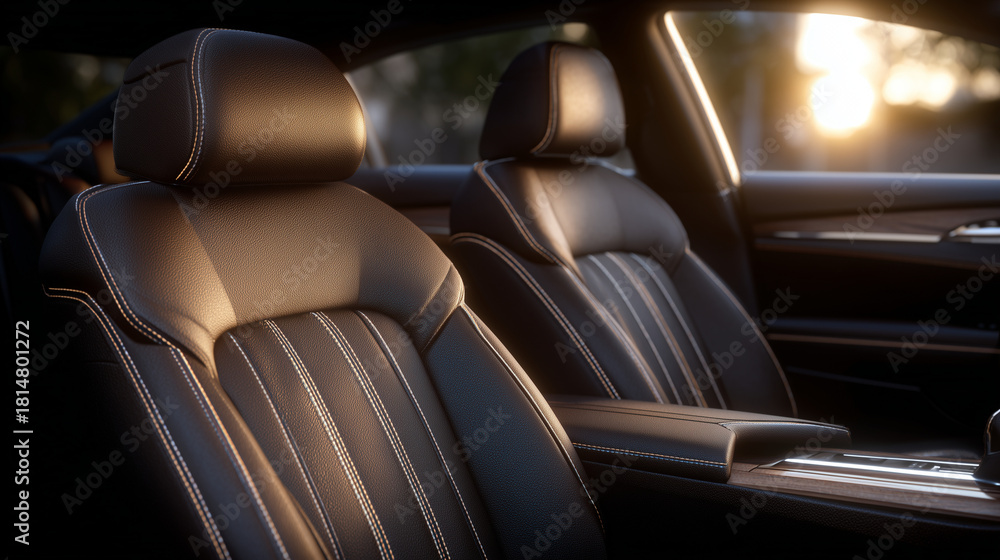 Obraz premium Softly lit luxury car cabin with deep brown leather seats, captured in close-up to reveal texture, stitching craftsmanship, and the sophistication of executive-class design