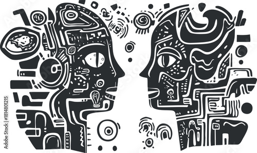 Abstract black and white vector illustration depicting two stylized human faces engaged in communication, ideal for technology and art projects