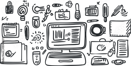 Hand-drawn doodle vector illustration of a creative workspace with a computer, stationery, and business tools for design projects