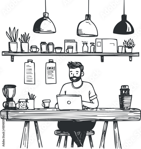 Hand-drawn vector illustration of a modern workspace featuring a man working on a laptop with plants and decor