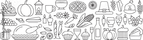 Festive line art presents pumpkins, pie, turkey and traditional harvest elements in seamless pattern