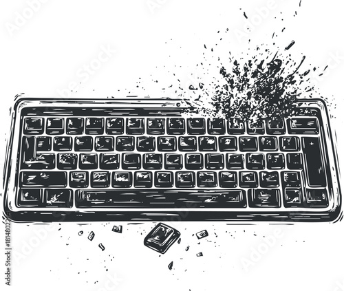 Dynamic vector illustration of a shattered keyboard with an explosive effect, ideal for technology and digital art projects