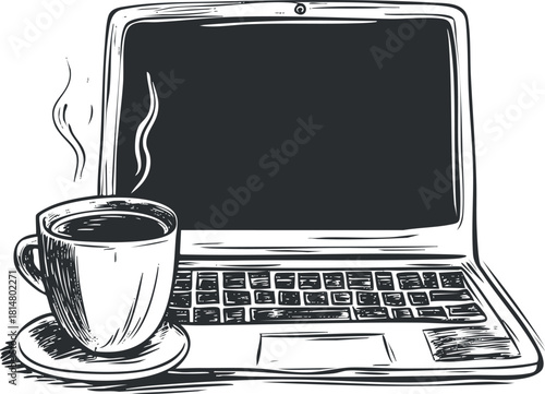Hand-drawn sketch style vector illustration of a laptop and a cup of coffee, ideal for workspace and productivity concepts
