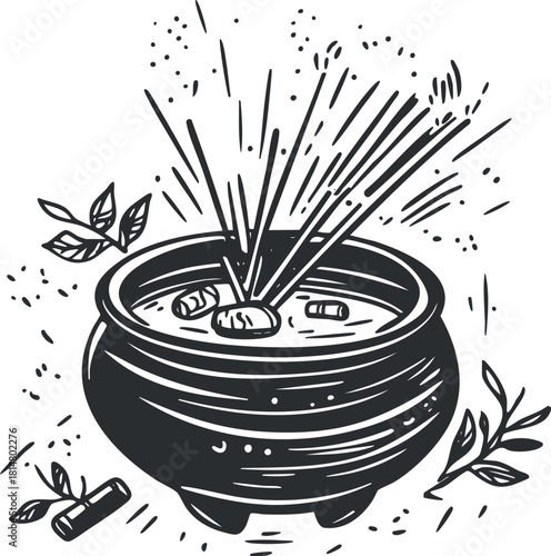 Hand-drawn black and white illustration of a pot with incense, ideal for wellness, meditation, or aroma-themed projects