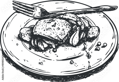 Hand-drawn vector illustration of a gourmet dish on a plate featuring various ingredients and a fork, ideal for culinary design projects