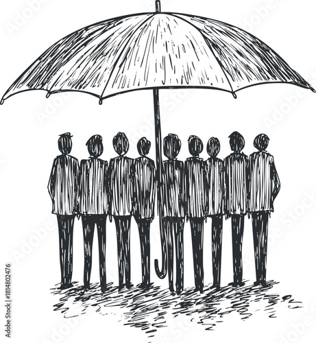 Hand-drawn vector illustration of a group of businessmen standing under a large umbrella, symbolizing protection and unity in teamwork
