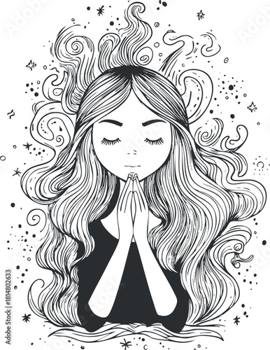 Elegant black and white vector illustration of a woman praying with flowing hair and abstract elements for spiritual and wellness themes