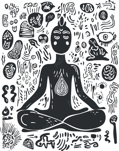 Abstract vector illustration of a meditative figure surrounded by spiritual symbols for wellness and mindfulness themes